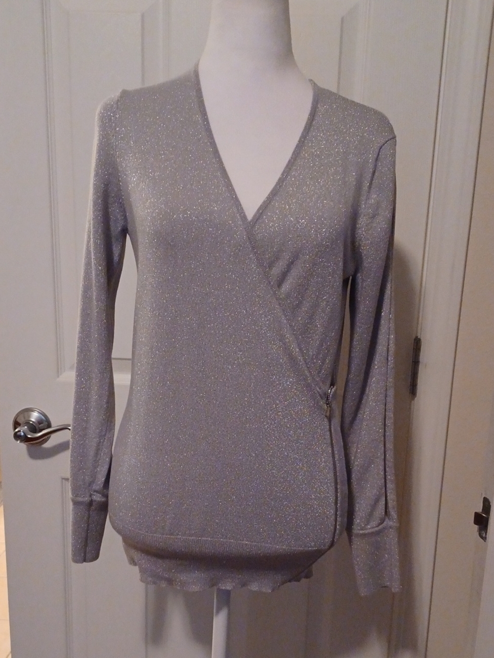 << Cache Silver Metallic Wrap V-Neck Sweater With Pickaboo Sleeves Size Medium